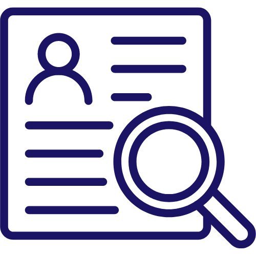 Dark blue cartoon icon of resume with magnifying glass