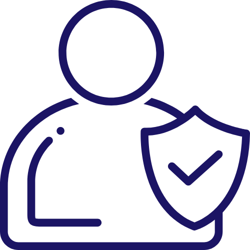 Dark blue cartoon icon of person with shield and tick