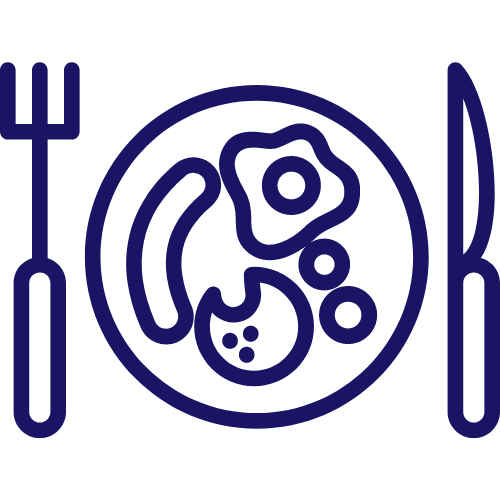 Dark blue cartoon icon of food on plate with knife and fork