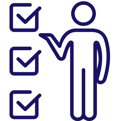 Dark blue cartoon icon of person standing next to three checkboxes