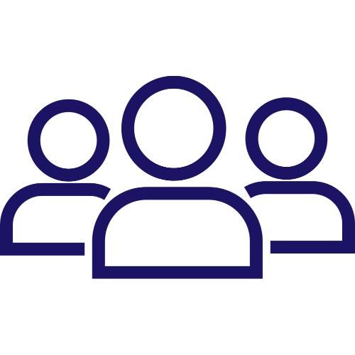 Dark blue cartoon icon of three people