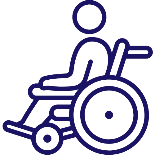 Dark blue cartoon icon of person in wheelchair