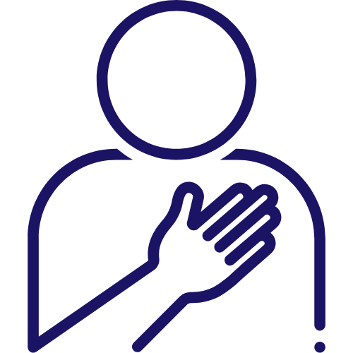 Dark blue cartoon icon of person with hand on their heart