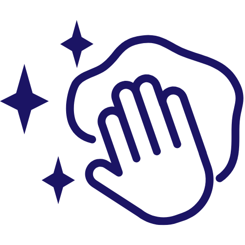 Dark blue cartoon icon of hand cleaning