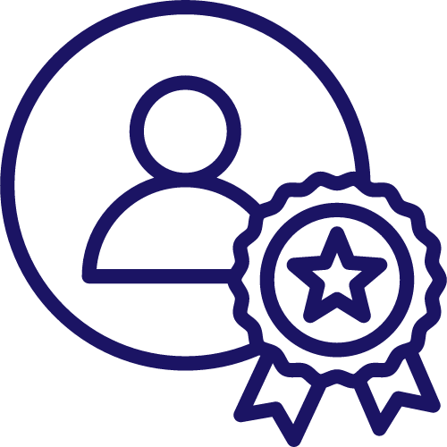 Dark blue cartoon icon of person with ribbon