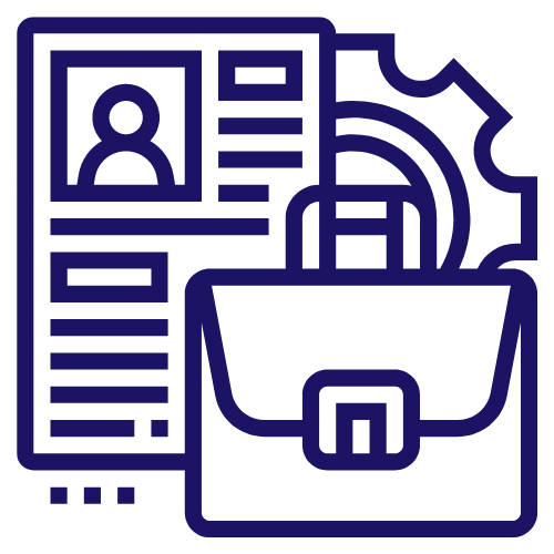 Dark blue cartoon icon of paperwork, a cog and suitcase
