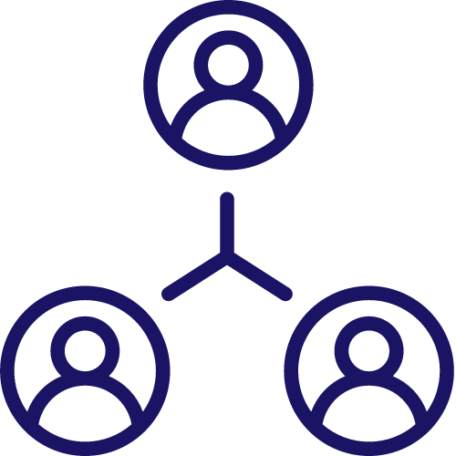 Dark blue cartoon icon of 3 circles connected by lines with a person inside each circle