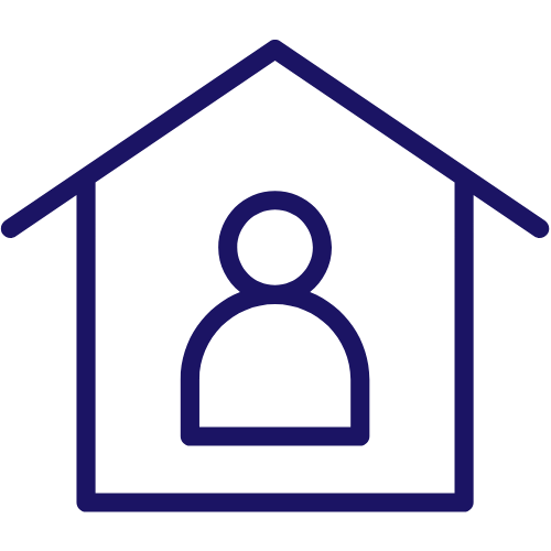 Dark blue cartoon icon of house with person inside