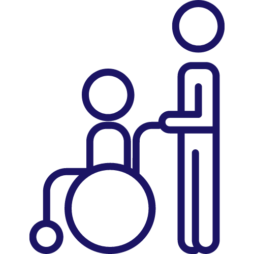 Dark blue cartoon icon of person pushing person in wheelchair