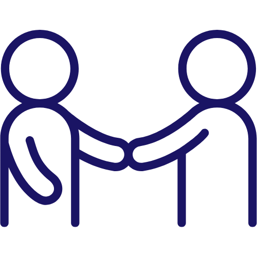 Dark blue cartoon icon of two people shaking hands